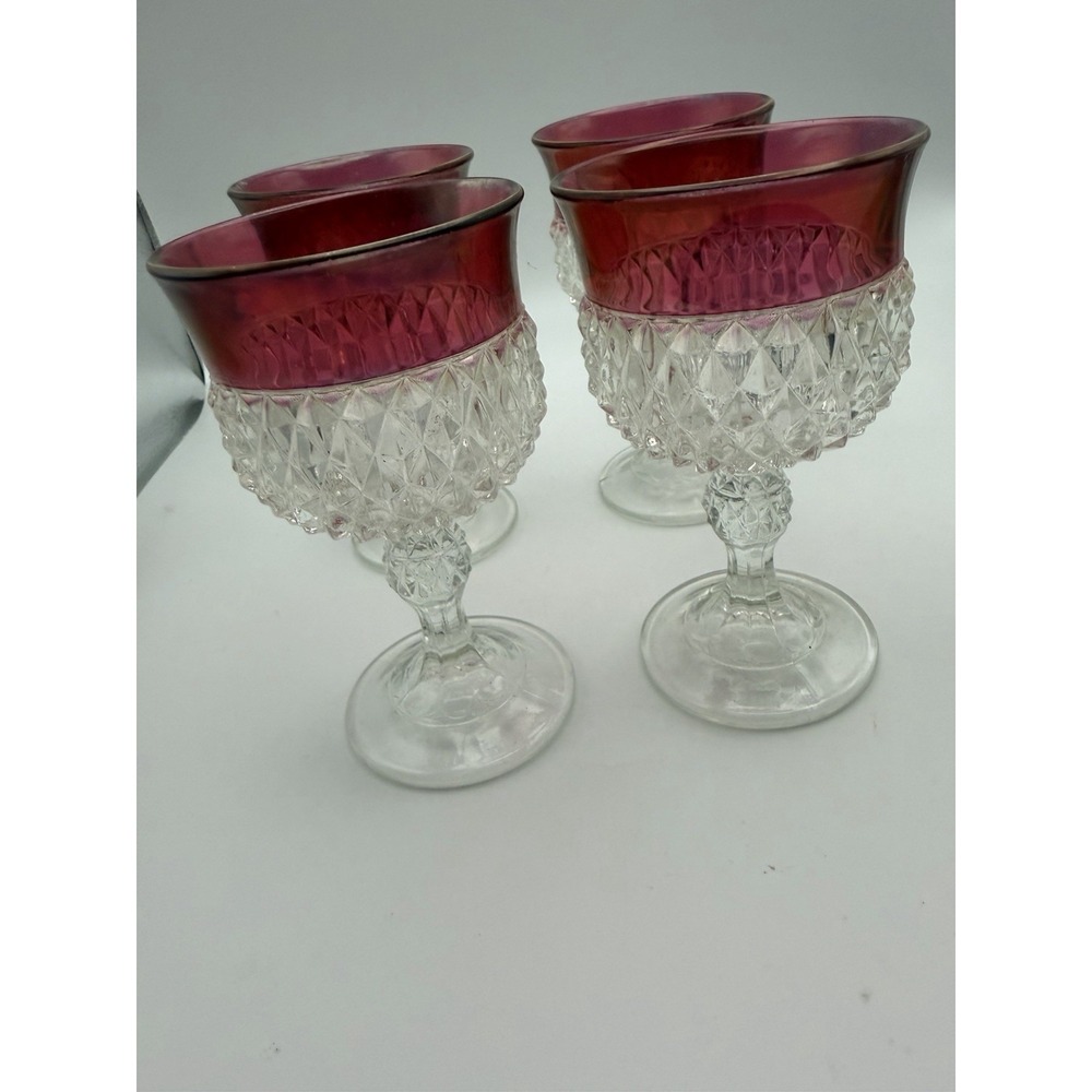 Set Of 4 Vintage Indiana Glass Ruby Flashed Diamond Point Glasses 5.5 - Picture 2 of 8